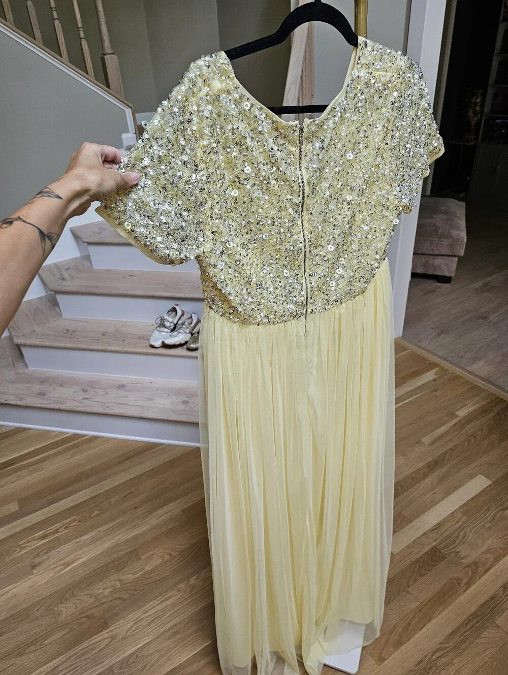 Maya Maternity Cap Sleeve Delicate Sequin Detail Tulle Maxi Dress in Lemon 10 - Picture 13 of 15